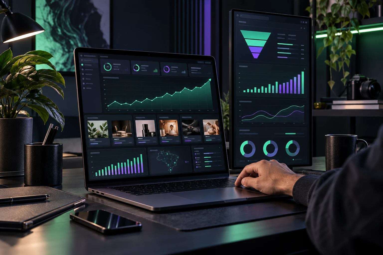 Ambiente de trabalho com painéis de campanhas digitais e gráficos de desempenho